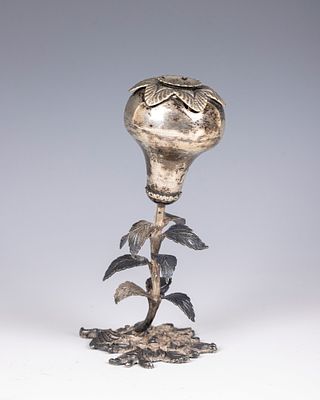3. A SILVER POMANDER SHAPED SPICE CONTAINER. Probably Poland, 20th century. On a floral shaped 