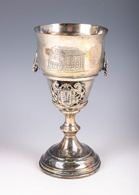 9. A LARGE SILVER KIDDUSH GOBLET. Germany or Switzerland, 20th century. Engraved with a picture 