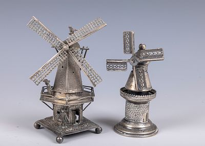 16. TWO SILVER WINDMILL SHAPED SPICE BOXES. The Netherlands and Israel, 20th century. Both in 