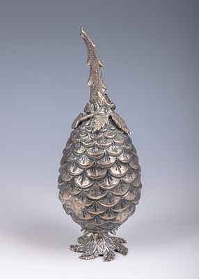 18. A SILVER ROSE WATER CONTAINER. Middle East, 20th century. On a seven leaf support. Pinecomb 