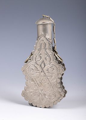19. A SILVER CIRCUMCISION POWDER FLASK. Middle East, 20th century. Hand wrought and hand 