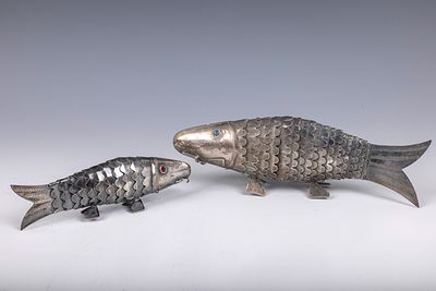 20. TWO STERLING SILVER FISH SHAPED SPICE BOXES. Continental, 20th century. Each realistically 