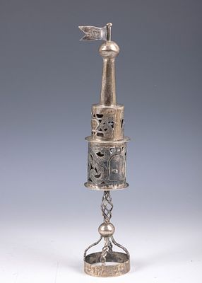 21. A LARGE SILVER SPICE TOWER. Modern, probably Russian. Hand cut with lattice work and wire 