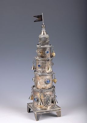 23. A VERY LARGE STERLING SILVER SPICE TOWER. Israel, c. 1970. In tower form that was 
