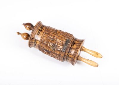35. A HAND CARVED OLIVEWOOD SMALL TIK WITH PARSHAT HAAZINU BY THE BEZALEL SCHOOL. Jerusalem, c. 