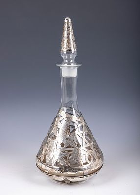 37. A LARGE STERLING OVERLAY GLASS WINE BOTTLE. Given to Maurice Ehrlich in appreciation for 