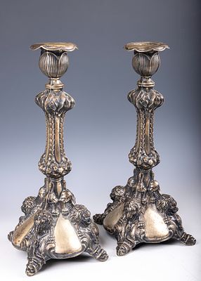 46. A PAIR OF RARE SILVER SABBATH CANDLESTICKS. Vienna, c. 1900. Each one with four embossed 