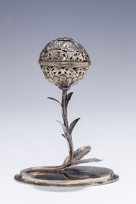 A SILVER SPICE CONTAINER. Poland, c. 1830. On an oval base with a multiple leaf stem that 