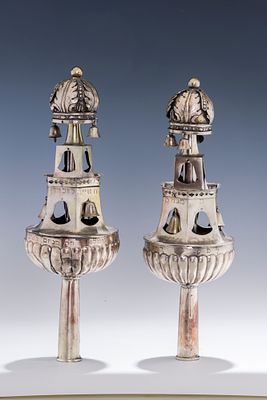 A PAIR OF SILVER TORAH FINIALS. Germany, 1865. On traditional staves, with outward tapering 