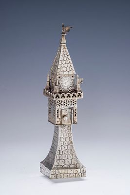 A LARGE SILVER SPICE TOWER BY GEBRUDER GUTGESELL. Germany, c.1880. Hand chased. The base is in 