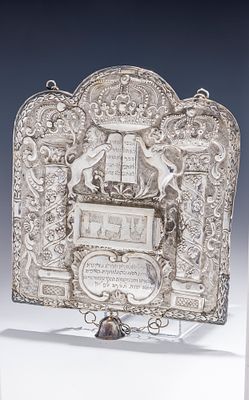 AN EXCEPTIONAL CHEVRAH KADISCHA RELATED SILVER TORAH SHIELD. East Germany, 18th century. Chased 