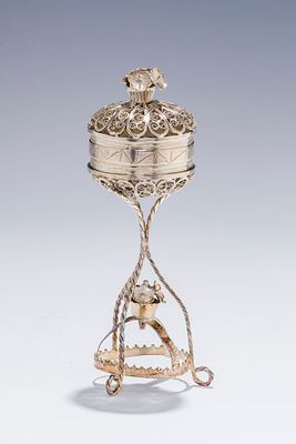 A SILVER SPICE CONTAINER. Poland, c. 1800. On three wire supports that as an additional 