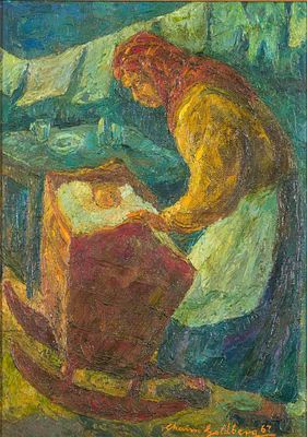 CHAIM GOLDBERG. (Poland, 1917-2004) Rocking a Cradle. Oil on canvas. 1967. Signed and dated at