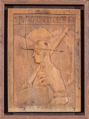 AN EXTREMELY RARE CARVED WOOD RELIEF. Probably Russian, c. 1890. Hand carved with a farmer