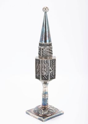 A SILVER FILIGREE SPICE CONTAINER, Poland, c. 1880. On a square base with ringed stem and eight.