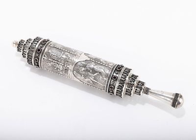 A STERLING SILVER MEGILLAH CASE WITH ORIGINAL MEGILLAH. Israel, 20th century. Most likely by