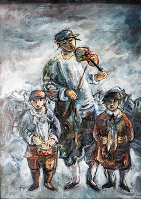 YOSL BERGNER (Vienna, 1920 - Israel 2017). Oil on canvas. Three Klezmorim in the Winter. Dated