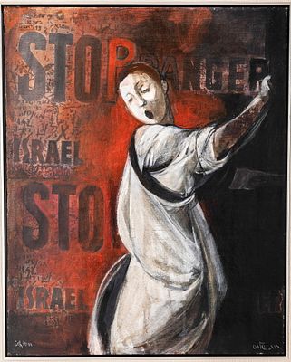 RUTH SCHLOSS (Germany, 1922 - Israel, 2013). Oil on canvas. Stop Danger. 32" x 25.5". Signed in