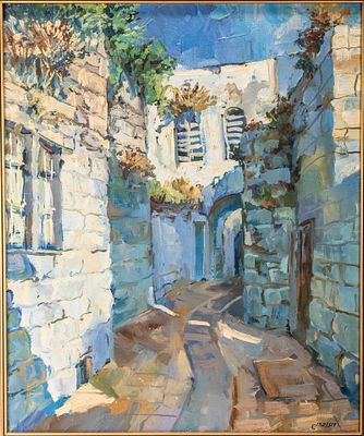 ROBERT ROSENBERG (Israel 1951 - 2006). Oil on canvas. Old City of Jerusalem street. 19.5" x