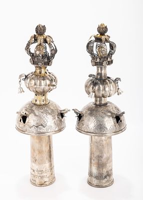 A PAIR OF EARLY AND LARGE SILVER TORAH FINIALS. Minsk or Kaminetz-Podolsk, c. 1860. On large