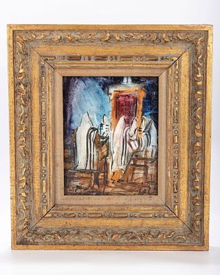 ZVI RAPHAELI. Synagogue Scene. Oil on board. 7.5" x 9.5" in the original 17" x 15"frame.