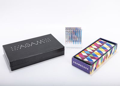 AGAMASCOPE by Yaacov Agam, c. 1990. .Kaleidoscope device with a silkscreen paper. Hand signed