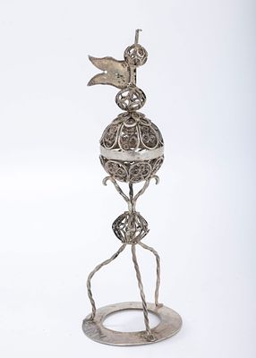 A SILVER SPICE CONTAINER. Vienna, 19th century. On a round base with three wire supports that
