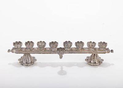 A MINIATURE STERLING SILVER FILIGREE HANUKKAH LAMP. Probably Israel, c. 1980. Composed 