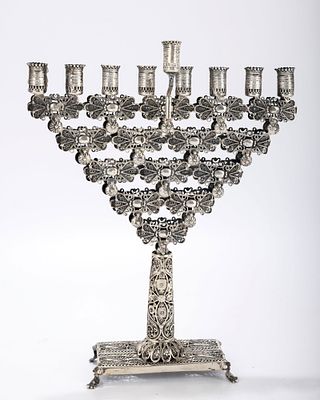 A STERLING SILVER FILIGREE HANUKKAH MENORAH. Probably Israel, c. 1980. Composed completely of 