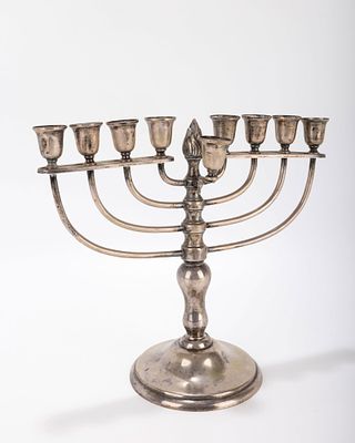 AN 800 SILVER HANUKKAH MENORAH. Germany, c. 1900. On a domed base. Traditional form. 10.6 