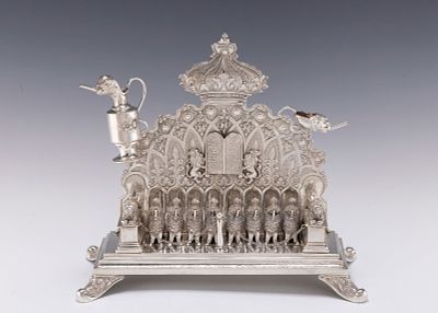 A LARGE SILVER HANUKKAH LAMP. Germany, c. 1920. Probably Hanau. Exceptional crisp quality. On 