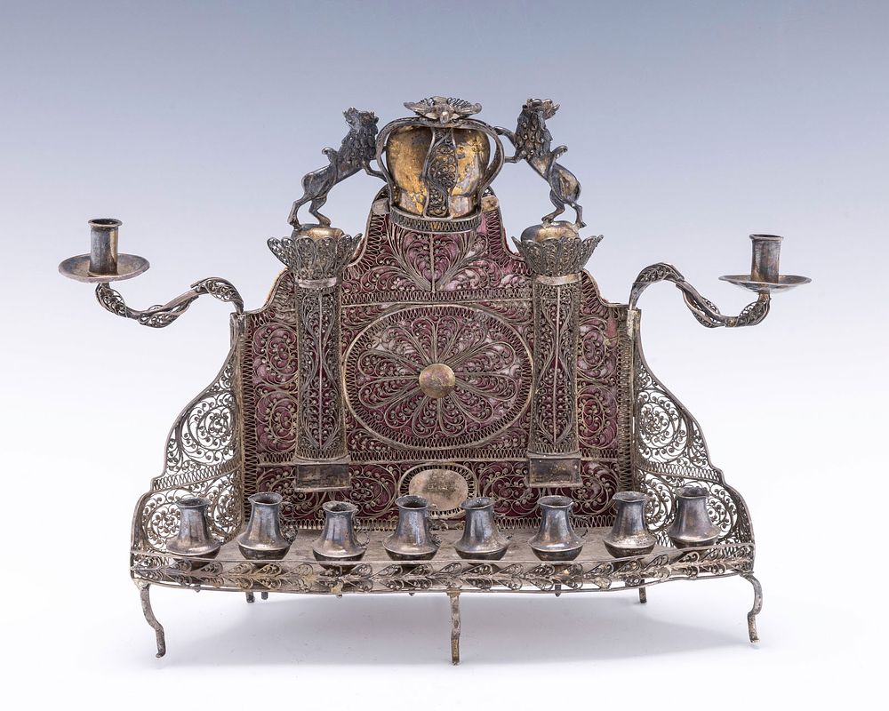 A RARE AND IMPORTANT “BAAL SHEM TOV” SILVER FILIGREE HANUKKAH LAMP. Ukraine, early 19th 
