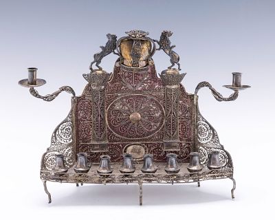 A RARE AND IMPORTANT “BAAL SHEM TOV” SILVER FILIGREE HANUKKAH LAMP. Ukraine, early 19th 