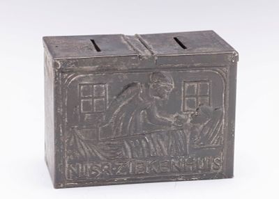 A RARE BRASS CHARITY BOX. The Netherlands, c. 1880. For wall mounting. Chased with a picture of 