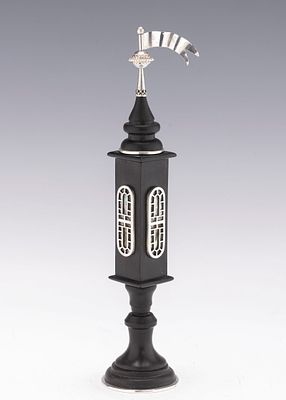 A FINE EBONY AND SILVER SPICE TOWER BY CATRIEL SUGARMAN. Jerusalem, c. 1993. Jerusalem, c. 