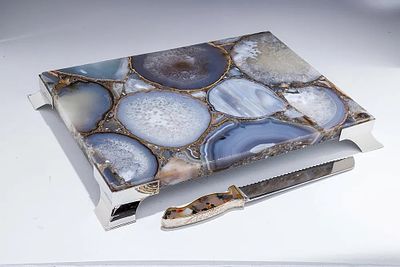 A STERLING SILVER AND COLORED AGATE CHALLAH BOARD BY YAAKOV DAVIDOFF. Israel, modern. Consisting 