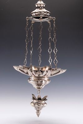 A RARE AND IMPORTANT SILVER SABBATH LAMP. Italy. Lobed and fluted baluster shape. |The body 