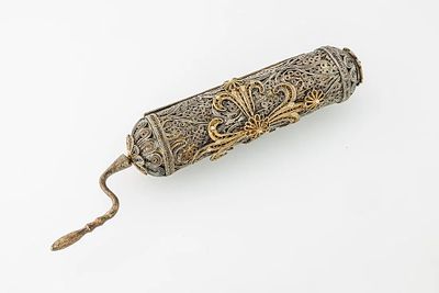 A SILVER AND GILDED MEGILLAH CASE WITH ORIGINAL MEGILLAH. Ottoman Empire, c. 1880. The body is 
