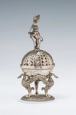 A SILVER SPICE CONTAINER. Probably Germany, c. 1840. On a round base with the sphere being held 