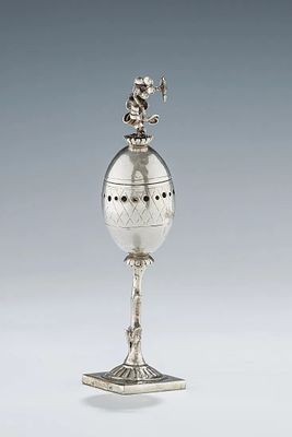A SILVER SPICE CONTAINER. Poland, c. 1840. On a small square base with a tree trunk shaped stem 