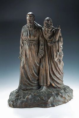 A LARGE WOODEN SCULPTURE OF THEODOR HERZL LEADING MOSES. Probably Palestine, c.1920 Hand carved 