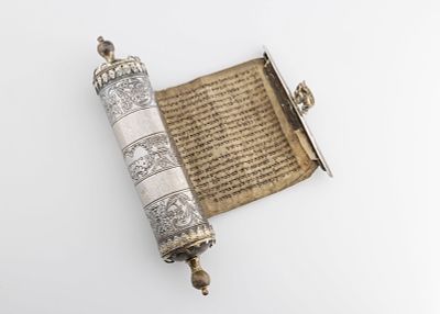 AN EARLY GALICIAN SILVER MEGILLAH CASE WITH THE ORIGINAL MEGILLAH. Eastern Europe, late 18th 