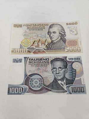 AUSTRIA BANKNOTES. Including 1988 $5000 Schilling featuring Mozart (circulated) and a 1983 
