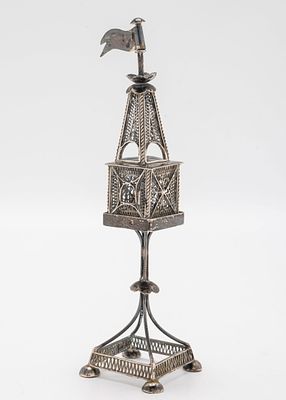 A SILVER SPICE TOWER. Vienna, c. 1890. On fourcupped feet and a square main section and tower 