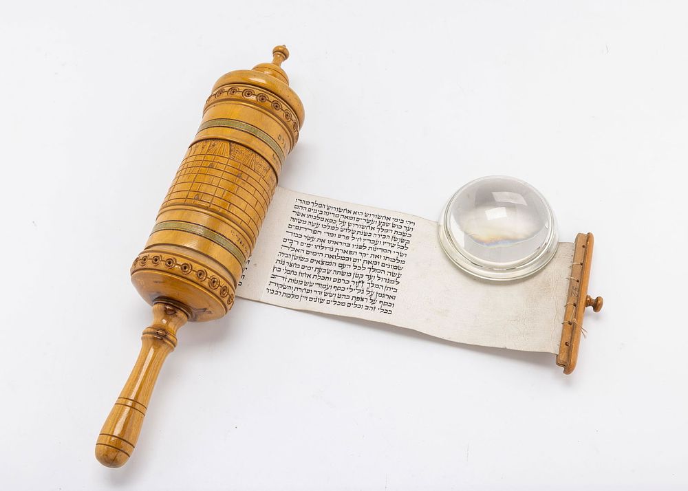 AN EARLY PALESTINE WOODEN MEGILLAH CASE WITH MEGILLAH. Jerusalem, c. 1920. The olivewood case is 