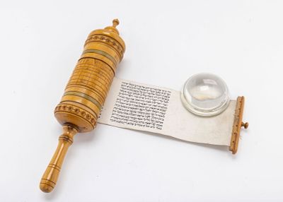 AN EARLY PALESTINE WOODEN MEGILLAH CASE WITH MEGILLAH. Jerusalem, c. 1920. The olivewood case is 