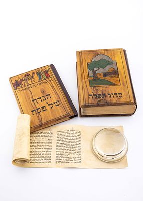 AN EARLY BEZALEL SIDDUR AND HAGADDAH. Jerusalem, c. 1930. Both with olivewood covers, both 