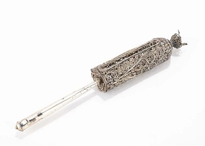 A SILVER FILIGREE MEGILLAH CASE. Ottoman Empire, c. 1860. With a thin turning handle and a 
