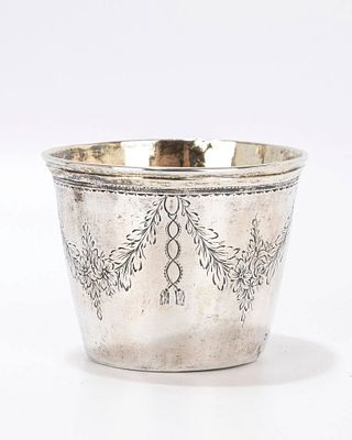 A LARGE SILVER KIDDUSH BEAKER. Germany, 1795. Decorated with engraved swags. Traces of interior 