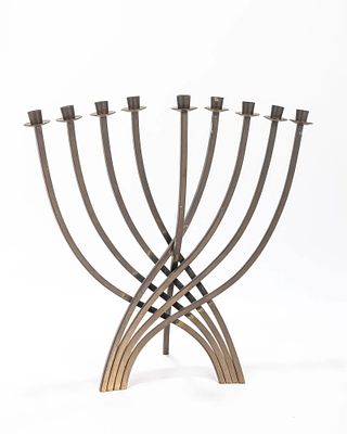 A BRASS CHANUKAH MENORAH BY LUDWIG WOLPERT. Probably New York, c. 1960. In modernist form. 